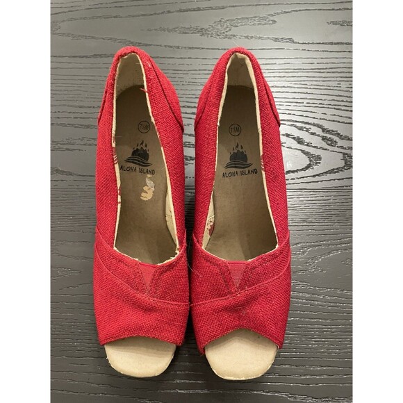 Aloha Island Red Canvas Peel Toe Espadrille Wedge Women's Sandal Size 7.5 - Picture 2 of 8